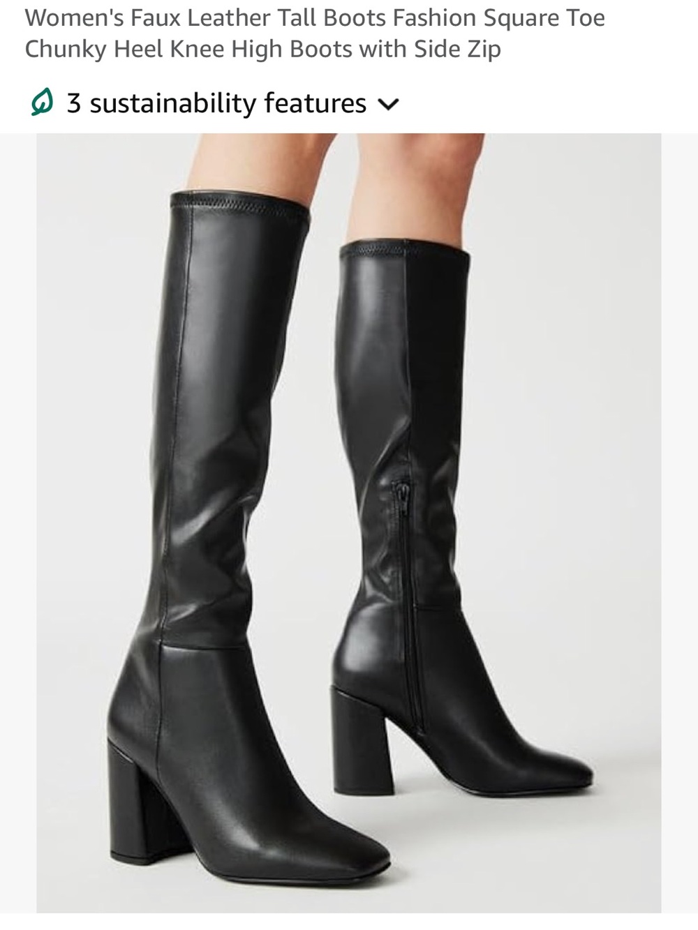 Black Faux Leather Knee-High Block Heel Boots